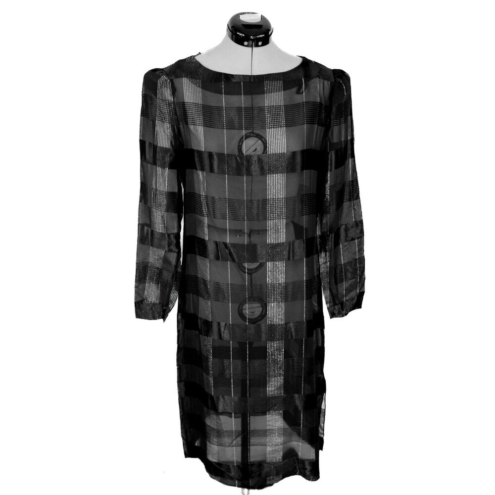 VTG NANCY BRACOLONI for Shangri La Medium Black Silver Midi Shift Dress Sheer